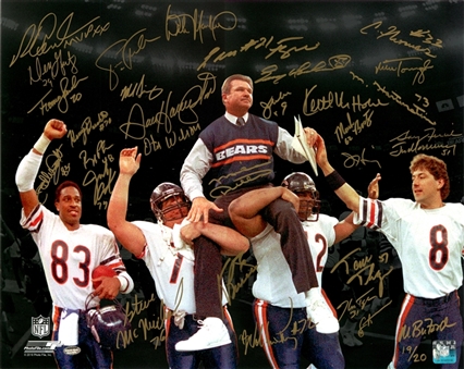 1985 Chicago Bears Team Signed 16x20 Super Bowl XX Victory Photo With 31 Signatures Including Dent, Hampton, & Singletary (Schwartz)